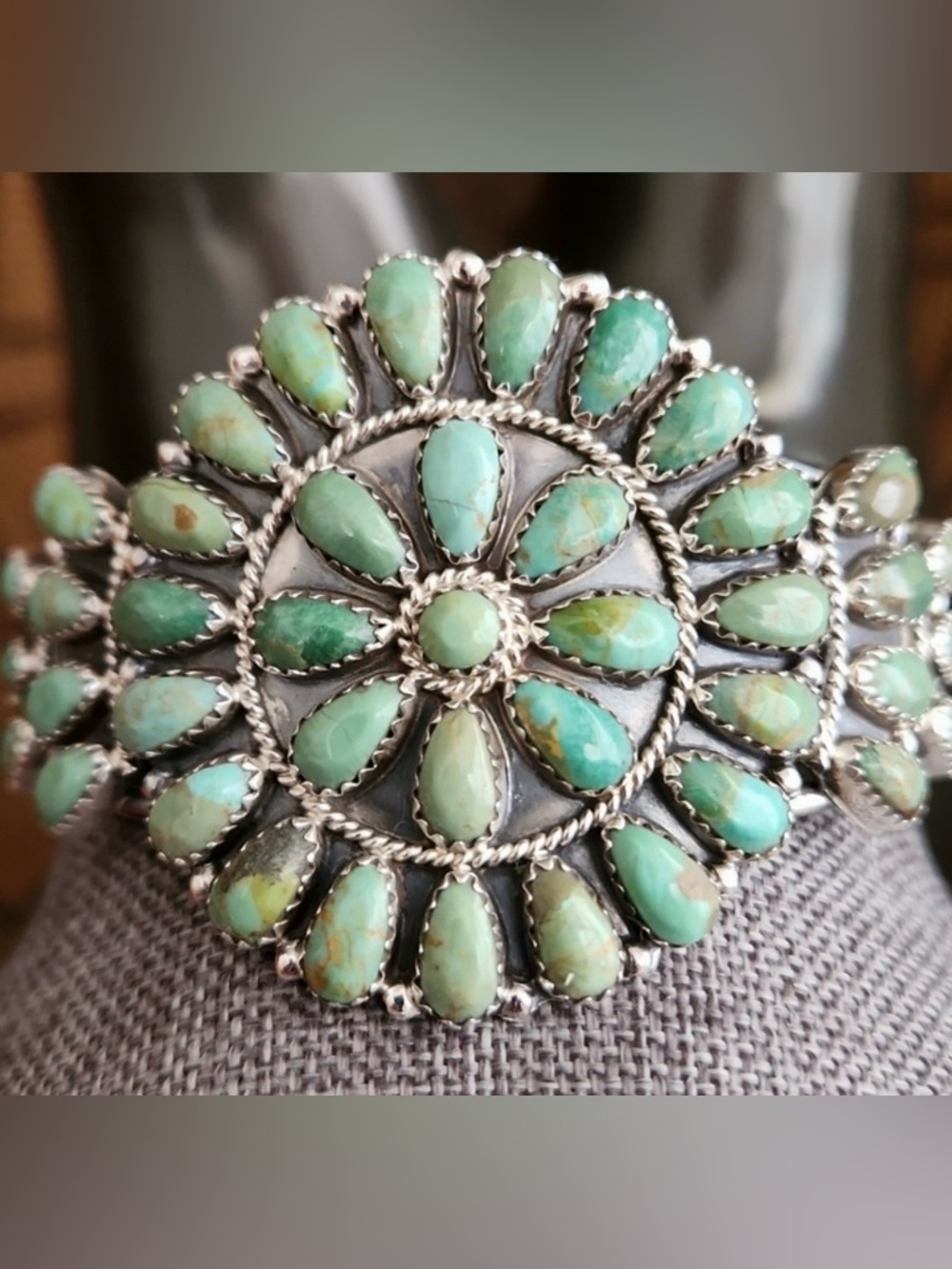 Genuine Turquoise and Silver Navajo Flower Cluster Bracelet, Signed by Artist